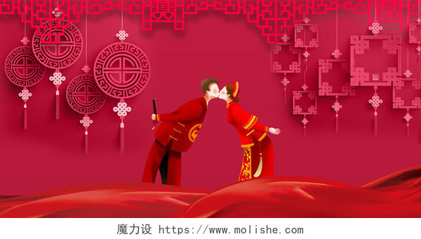 红色中国风婚礼展板背景